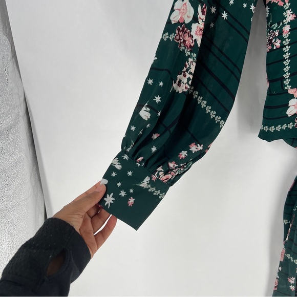 New York & Company Floral Green Full‎ Sleeve Tie Waist Faux Wrap Top Size S - Picture 4 of 14